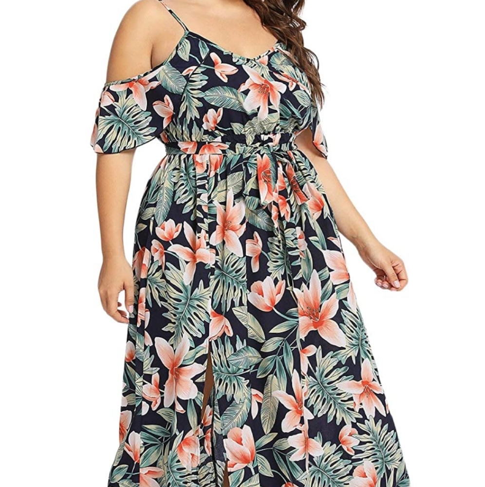 Cold Shoulder Floral Slit Hem Tropical Maxi Dress